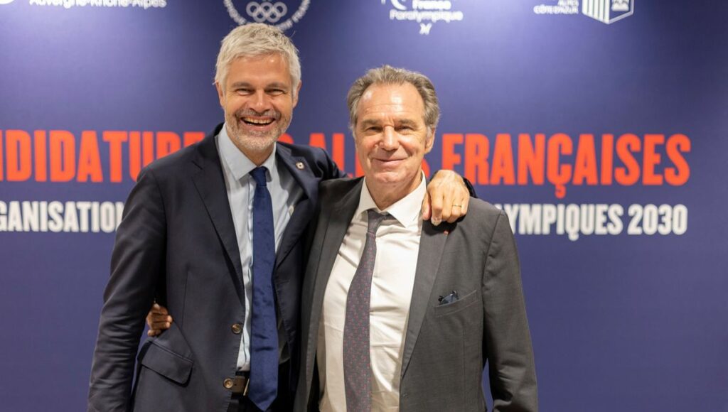 Laurent Wauquiez et Renaud Muselier lors de la candidature des Alpes françaises pour les Jeux olympiques de 2030. © Maxppp - Bertrand Riotor