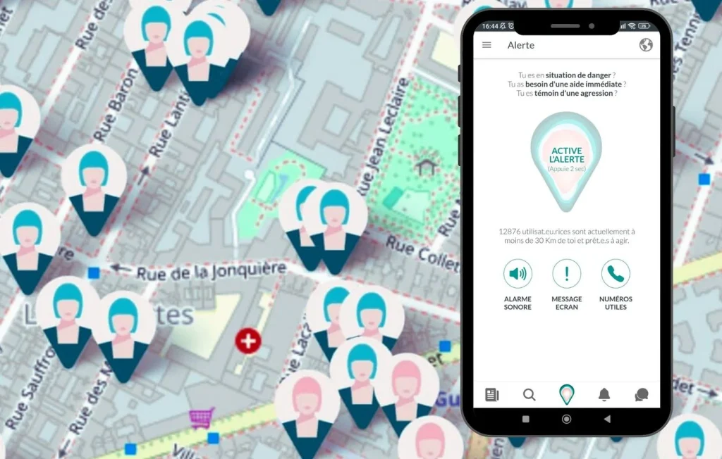 Captures d'&eacute;cran de l'application The sorority avec la g&eacute;olocalisation des femmes autour du t&eacute;l&eacute;phone et le bouton d'alerte