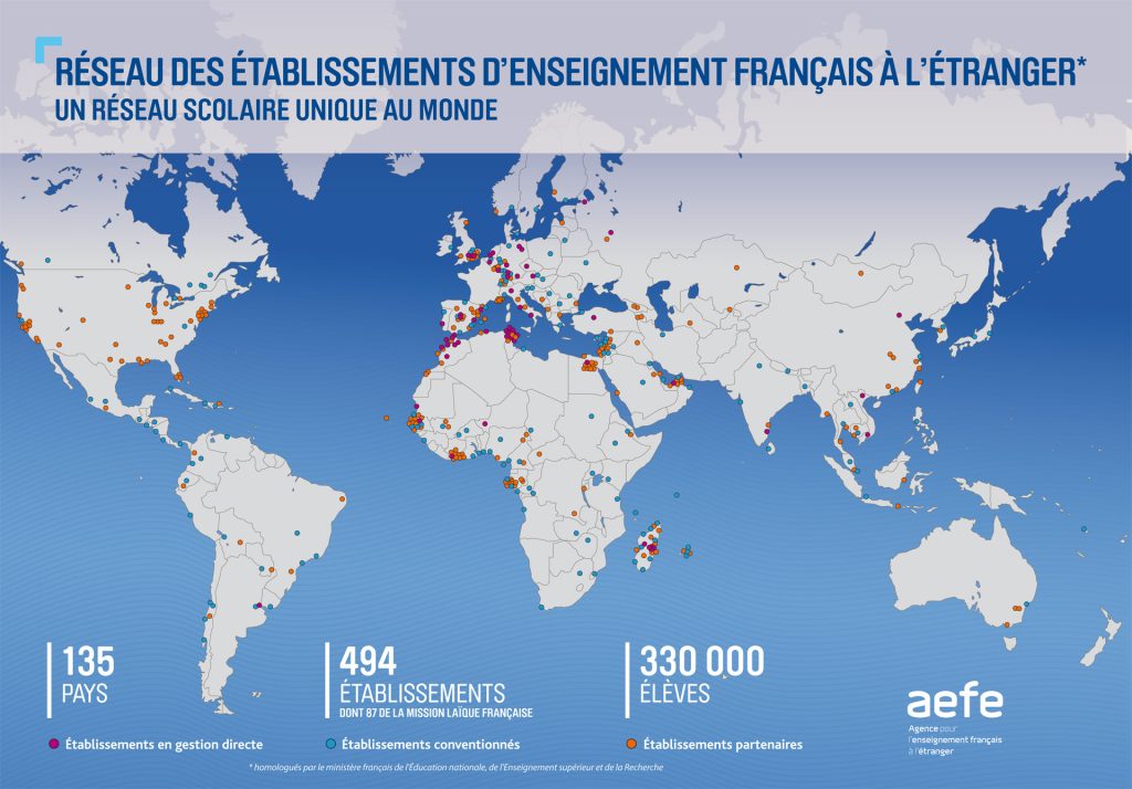 Carte du r&eacute;seau des &eacute;tablissements d'enseignement fran&ccedil;ais &agrave; l'&eacute;tranger 