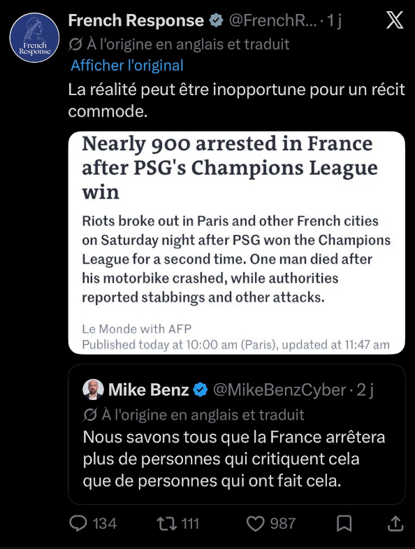 Exemple de r&eacute;ponse post&eacute;e sur le compte X de French Response
