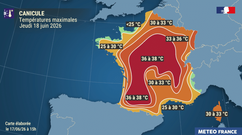 Canicule : Temp&eacute;ratures maximales Jeudi 18 juin 2026 &copy;M&eacute;t&eacute;o France