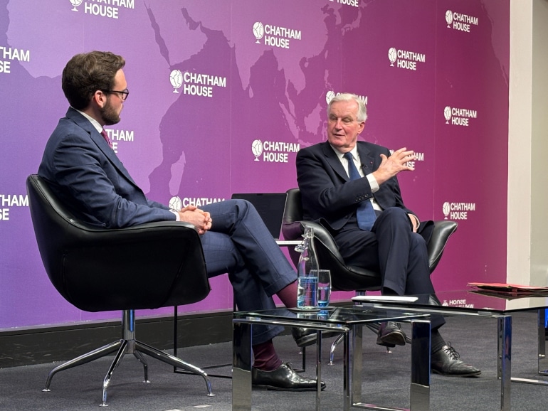 Michel Barnier lors de son intervention à Chatham House, à Londres. L’ancien négociateur européen du Brexit et ancien Premier ministre français est revenu sur dix ans de relations entre le Royaume-Uni et l’Union européenne.
© Alexander Seale / Lesfrançais.press