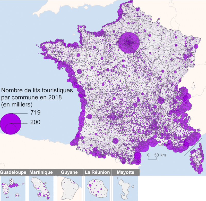 Nombre de lits touristiques par commune en 2018
