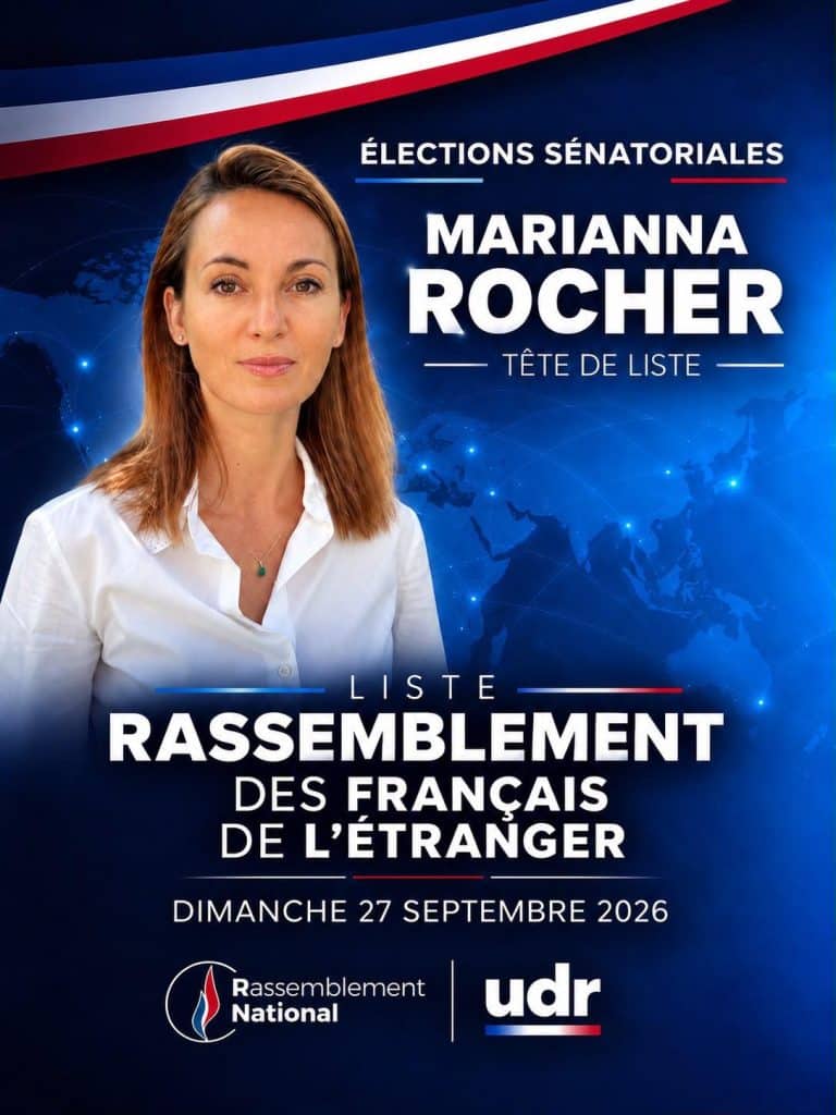 Affiche Marianna Rocher, candidate tête de liste du Rassemblement national aux élections sénatoriales des Français de l’étranger