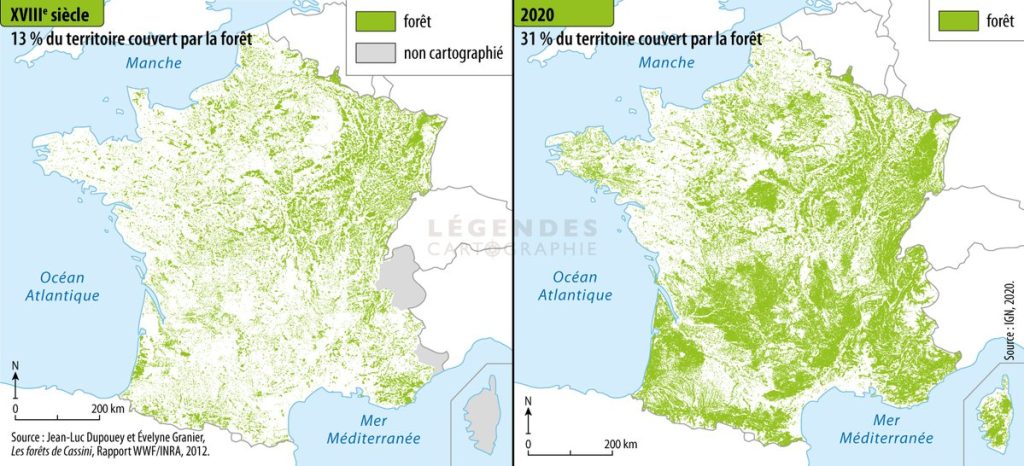 Carte de France sur la couverture des forêts au XIII ème siècle et en 2020