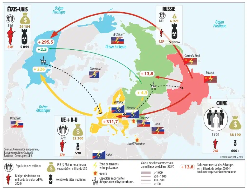 Rivalit&eacute;s des grandes puissances
Le titre complet de cette carte : Rivalit&eacute;s des grandes puissances : 2+1&hellip;+1 ? R&eacute;alisation P. Orcier. &copy; octobre 2025-Orcier/FMES