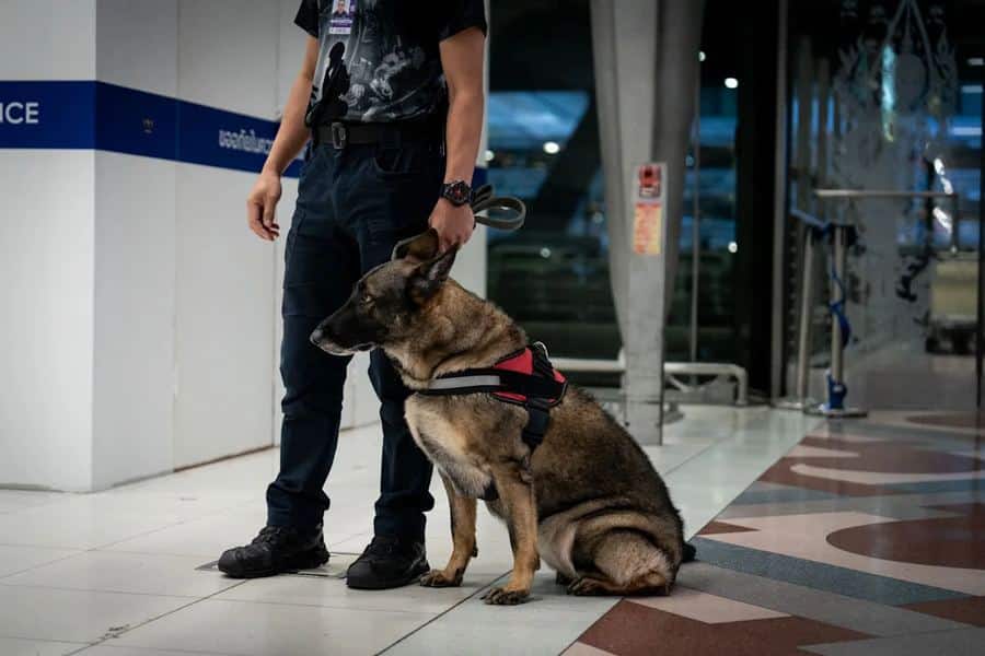 Policier et son chien &agrave; l&rsquo;a&eacute;roport &agrave; Bangkok