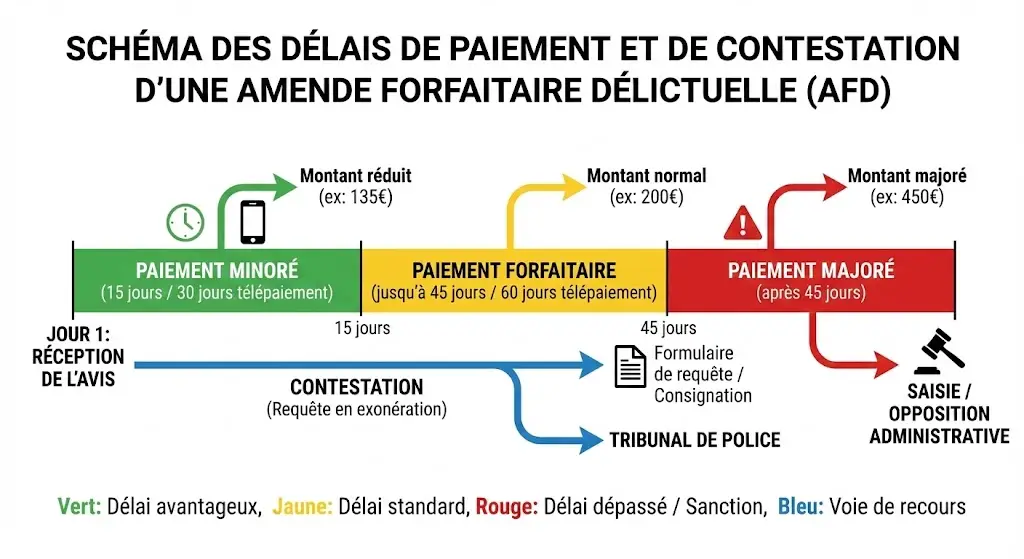 Schéma des délais de paiement et de contestation d'une amende forfaitaire délictuelle (AFD)