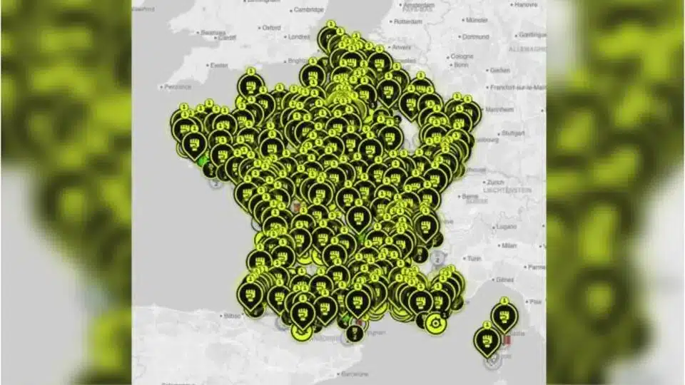 La carte recense 619 mobilisations annoncées pour le 17 octobre partout en France, dont 384 manifestations, 131