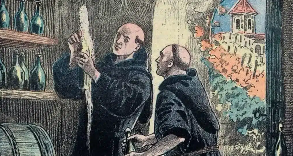 Illustration de Dom Pierre Pérignon préparant du champagne, daté du 1er janvier 1900