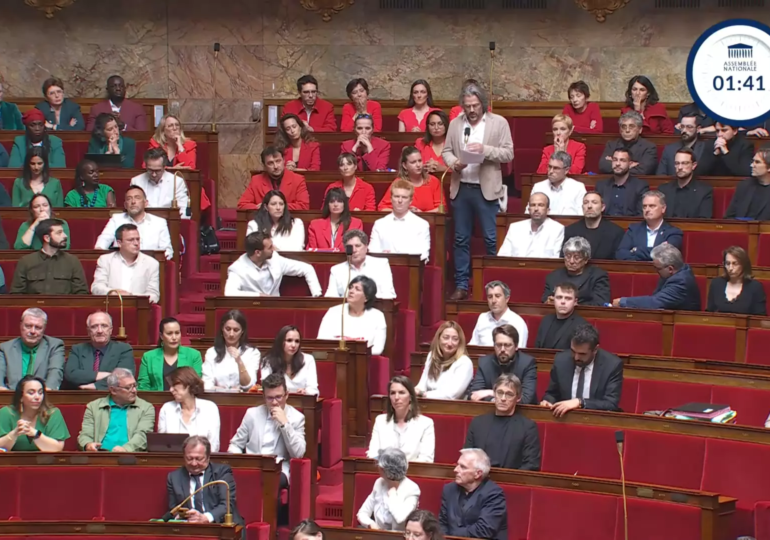 1 exclu, + de 100 autres de mobilisés. Le drapeau palestinien est entré àl’Assemblee Nationale, il n’en sortira plus jusqu’à ce que la France agisse pour appliquer le droit international ! Fier de mes camarades - Sébastien Delogu sur X - Député LFI sanctionné pour avoir aussi brandi un drapeau palestinien dans le Palais bourbon, la semaine dernière, alors que seuls les drapeaux français et européens sont autorisés.