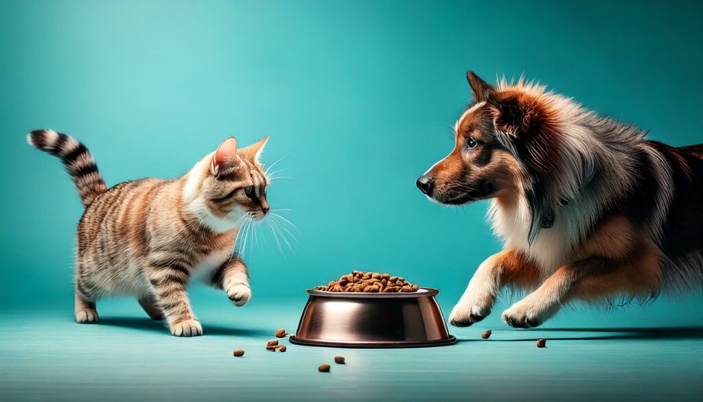 Chien et chat autour d'une gamelle de croquettes - @adobestock