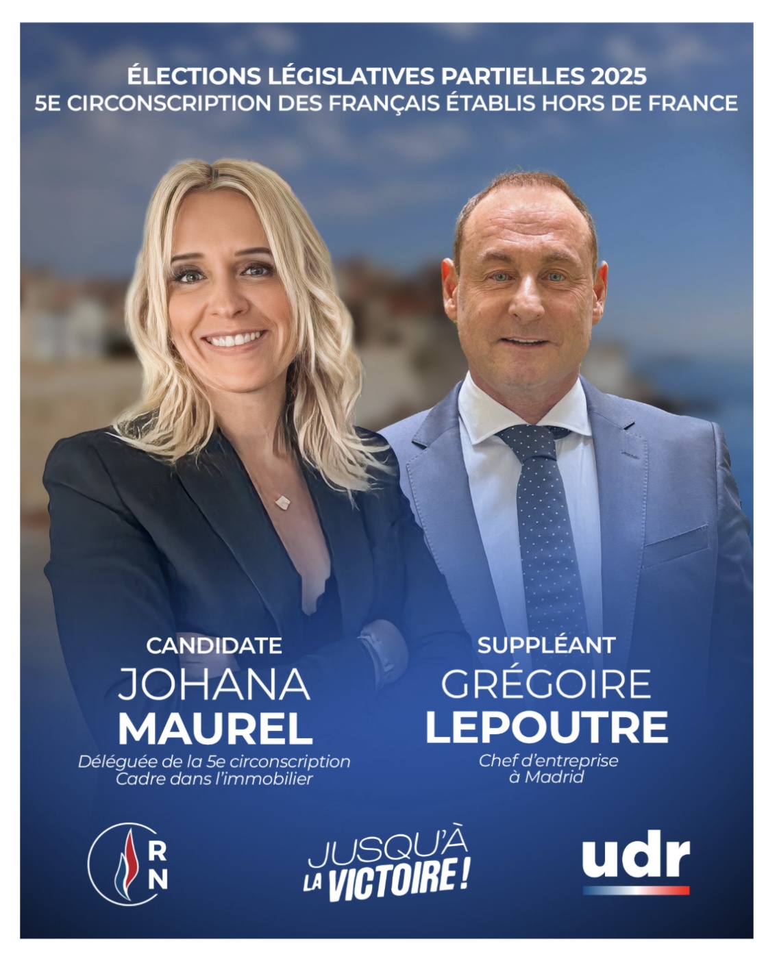 Affiche de campagne de Johana Maurel candidate du RN et son suppléant Grégoire Lepoutre