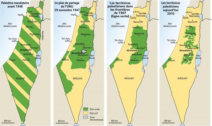 Evolution des territoires israéliens et palestiniens entre 1948 et 2010. Wikipedia