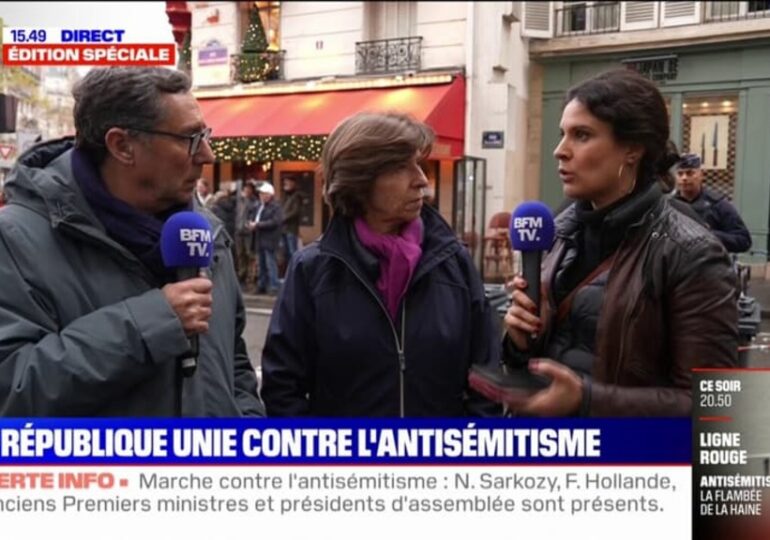"Marcher contre l'antisémitisme, ce n'est pas cautionner tel ou tel État", a avancé Catherine Colonna, présente dans le cortège pour la République et contre l'antisémitisme ce dimanche 12 novembre 2023 à Paris au micro de BFMTV.