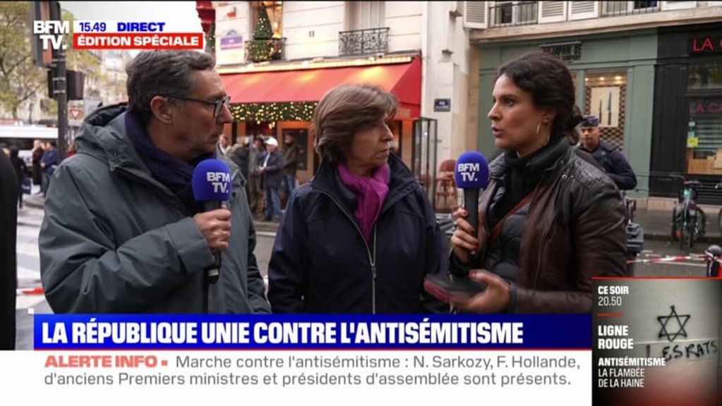 « Marcher contre l&rsquo;antisémitisme, ce n&rsquo;est pas cautionner tel ou tel État », a avancé Catherine Colonna, présente dans le cortège pour la République et contre l&rsquo;antisémitisme ce dimanche 12 novembre 2023 à Paris au micro de BFMTV.