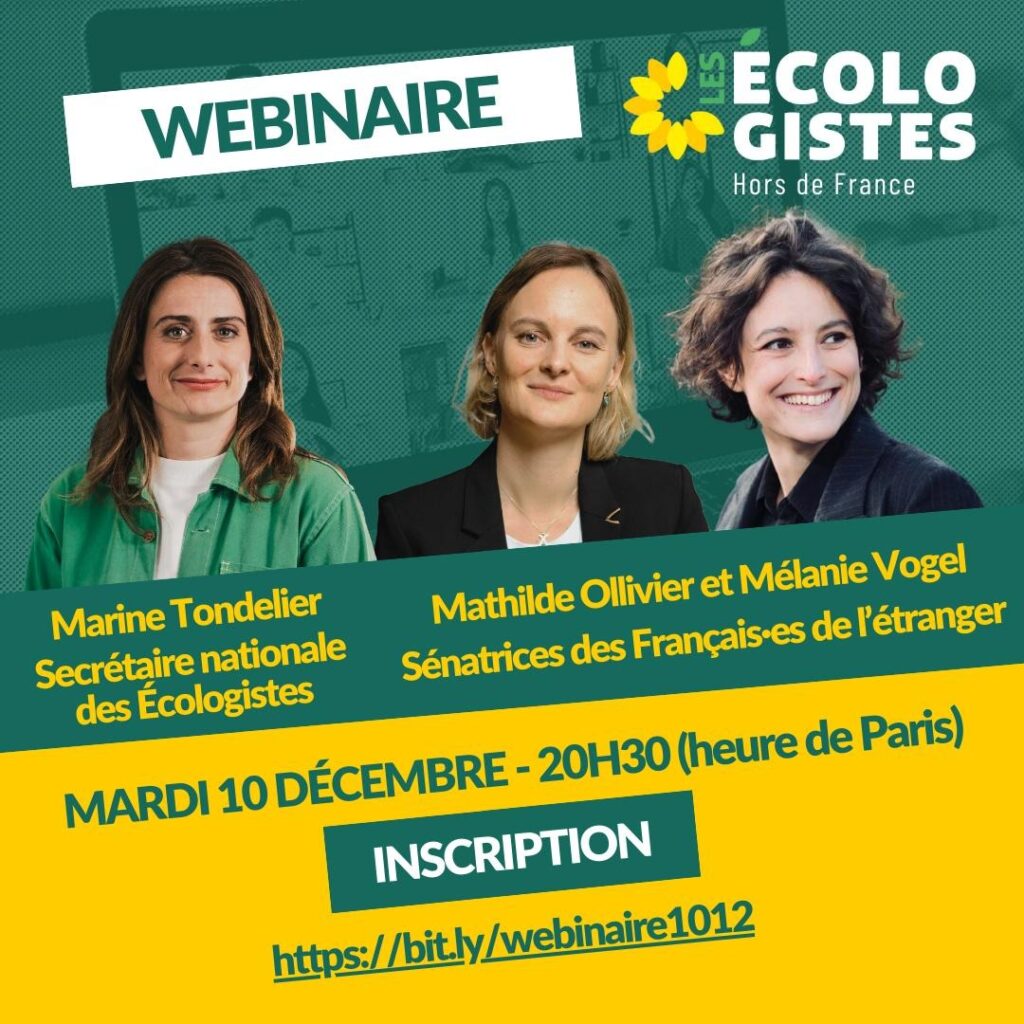 les sénatrices écologistes des Français de l’étranger, Mathilde Olivier et Mélanie Vogel vous invitent à échanger sur le contexte politique en France et ses conséquences pour les Français et les Françaises de l'étranger avec Marine Tondelier, 