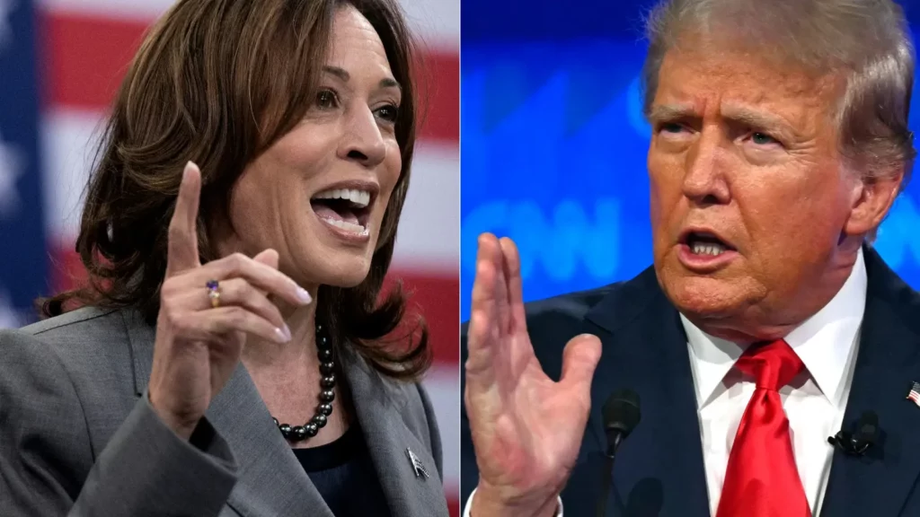 Kamala Harris à Raleigh, en Caroline du Nord, le 26 mars 2024 et Donald Trump à Atlanta, en Géorgie, le 27 juin 2024. - Andre Caballero-Reynolds, Brendan Smialowski / AFP