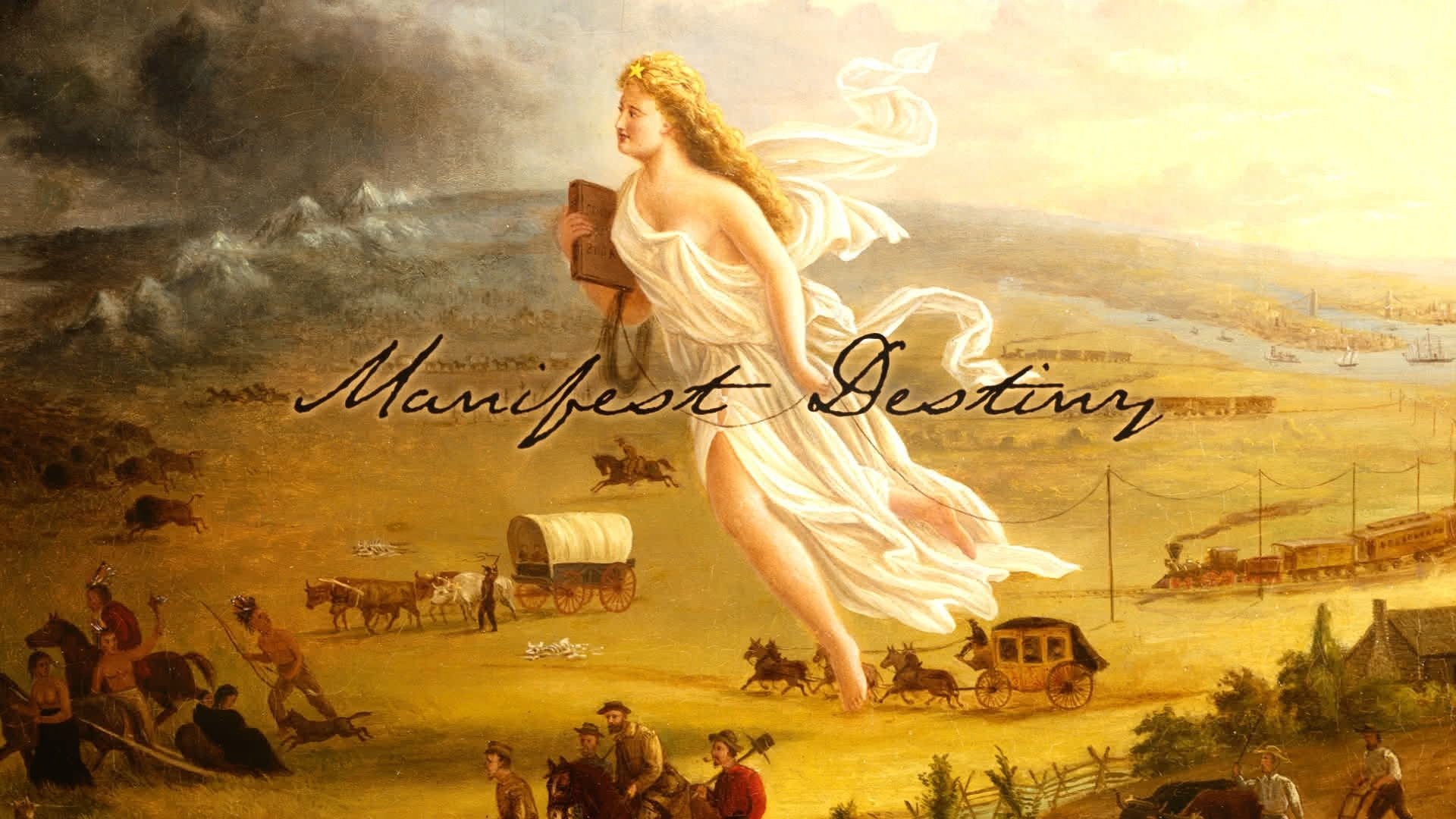 Cette œuvre, intitulée American Progress et peinte vers 1872 par John Gast, est une représentation allégorique de la « Destinée manifeste ».