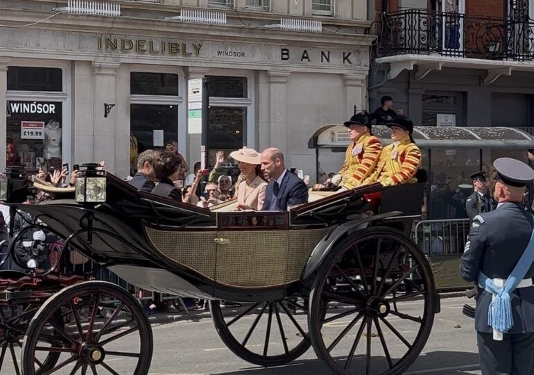 Le Prince et la Princesse de Galles avec les ministres Rachida Dati et Sébastien Lecornu dans la 3e carrosse à Windsor le 8 juillet 2025