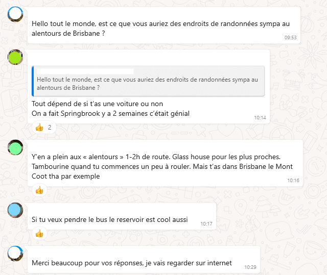 Aperçu de conversation d'un groupe d'aide pour les randonnées