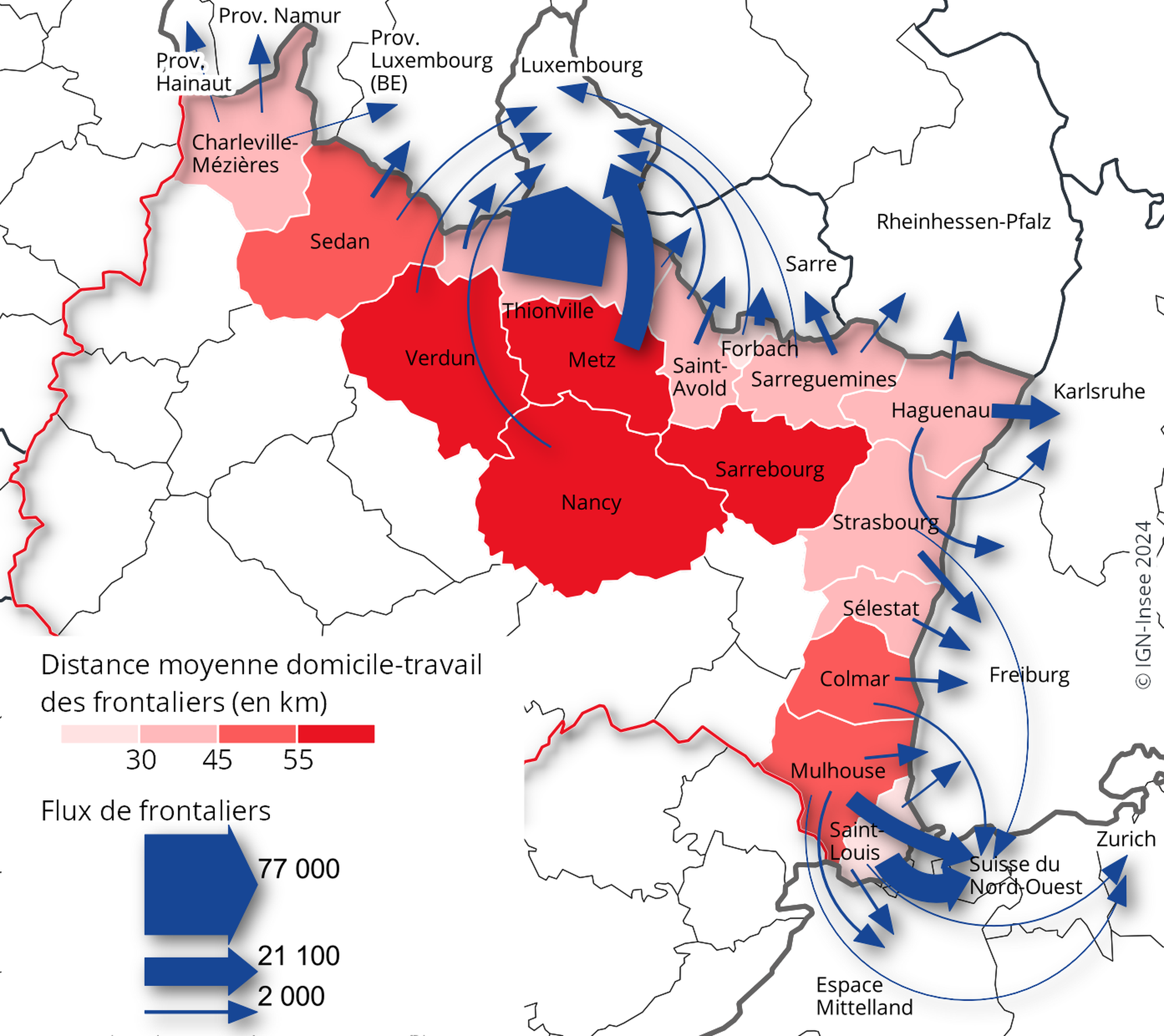 Trajets des frontaliers français Grand Est - @Insee