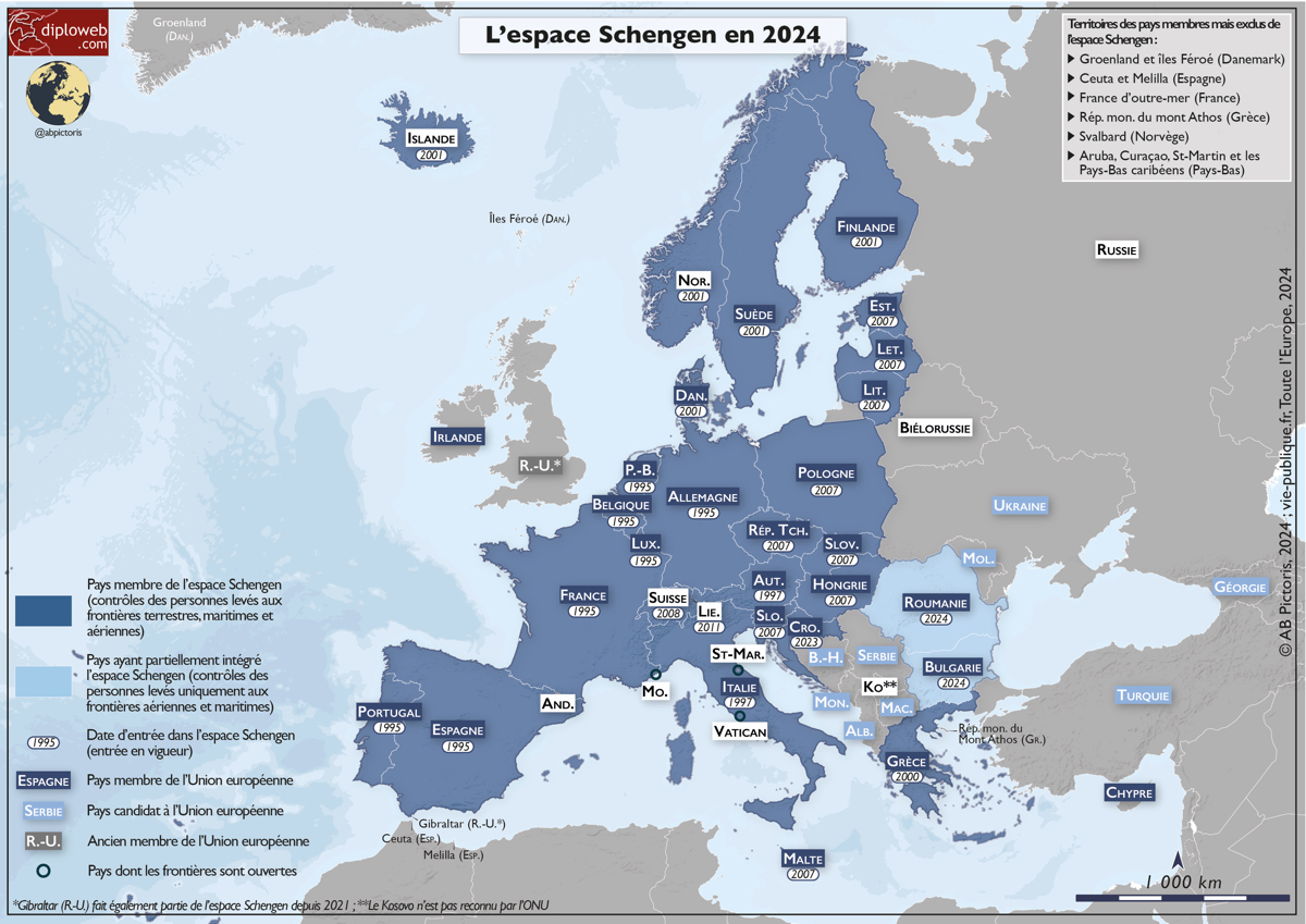 ©Carte Diploweb 2024: L'espace Schengen en 2024