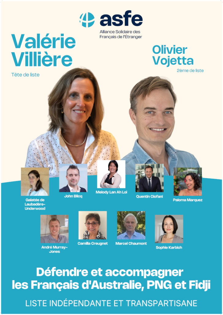 Affiche Val&eacute;rie Villi&egrave;re, candidate t&ecirc;te de liste &laquo; ASFE &ndash; D&eacute;fendre et accompagner les Fran&ccedil;ais d&rsquo;Australie, PNG et Fidji. &raquo;