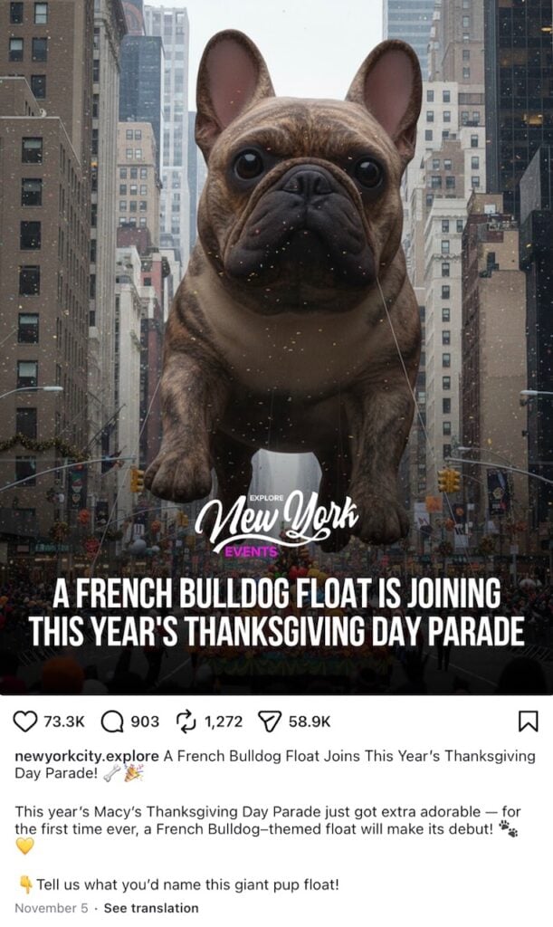 un bouledogue français survolant Manhattan dans le style d’un ballon de la parade de Thanksgiving