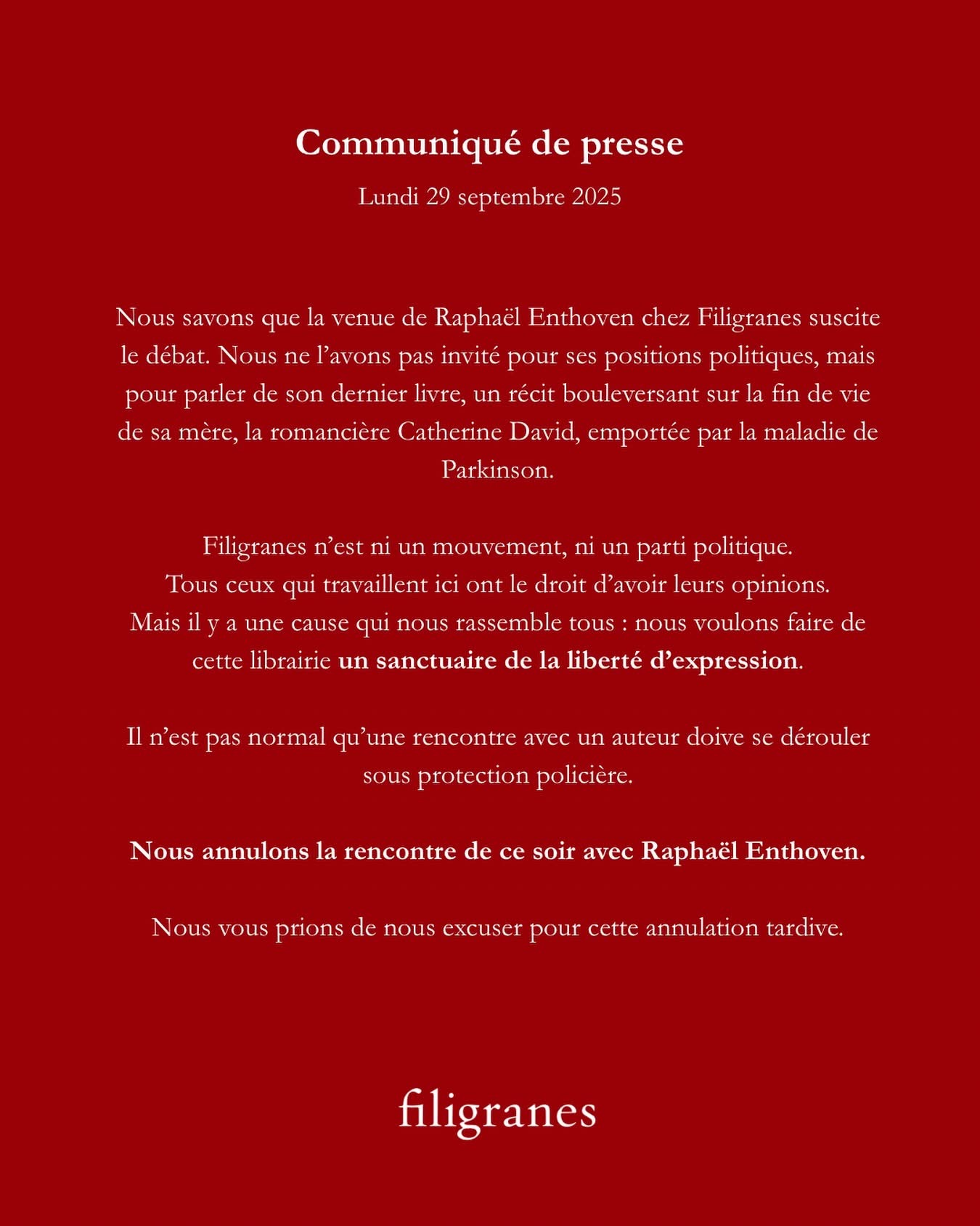 Communiqué de presse de la librairie filigranes annonçant l'annulation de la rencontre avec Raphaël Enthoven