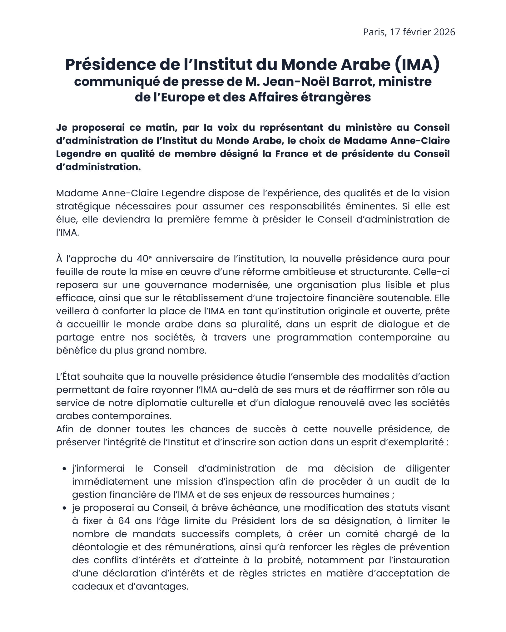 Communiqu&eacute; de presse de Jean Noel Barrot ce 17 f&eacute;vrier 2026