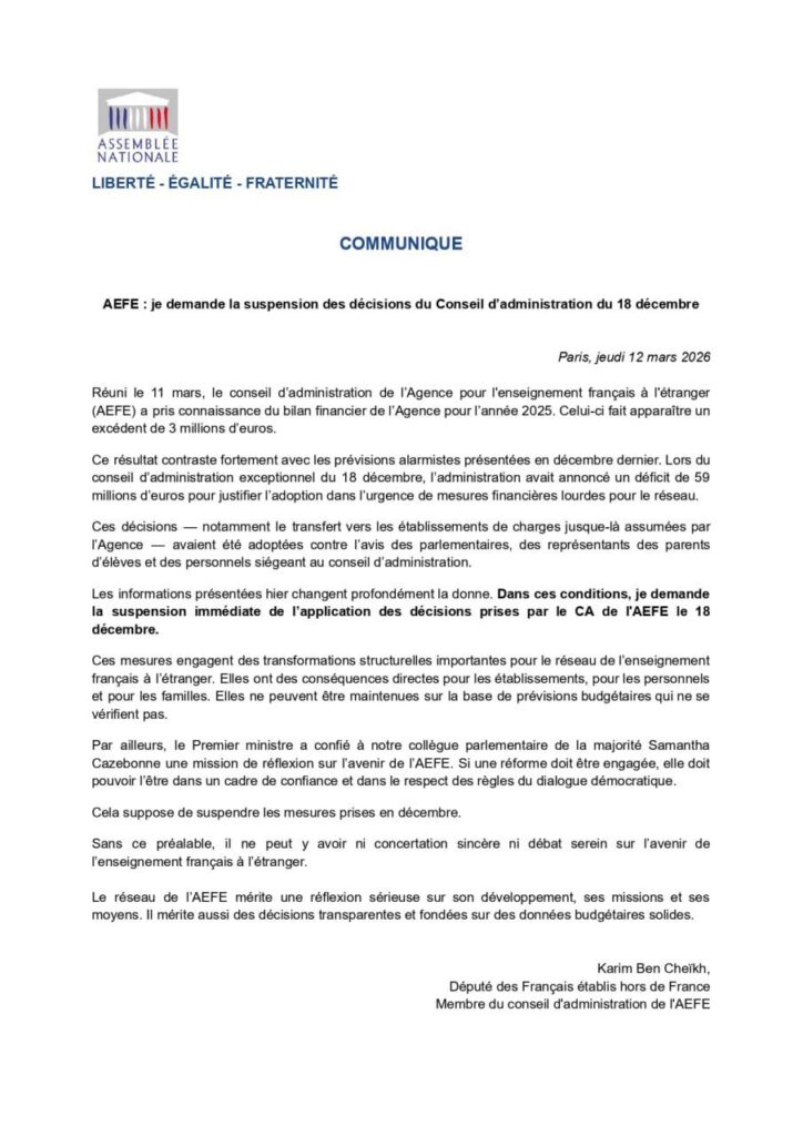 Communiqué sur l'AEFE de Karim Ben Cheîkh, député des Français de l’étranger (9ème circonscription)