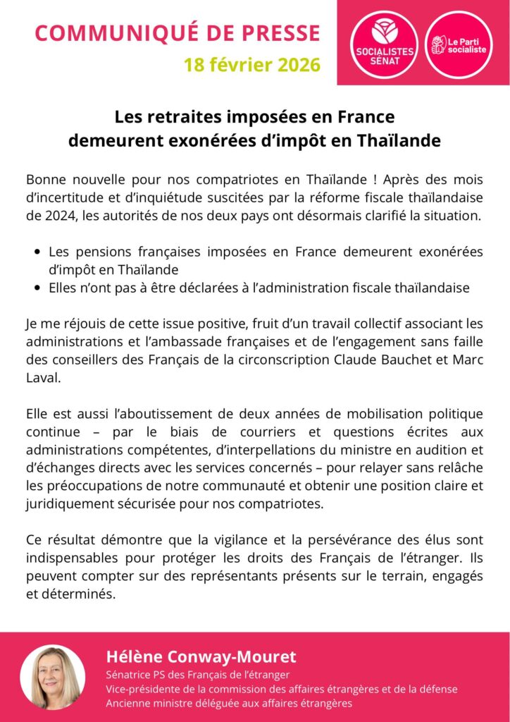 Communiqu&eacute; de presse 18 f&eacute;vrier 2026 : Les retraites impos&eacute;es en France demeurent exon&eacute;r&eacute;es d'imp&ocirc;t en Tha&iuml;lande