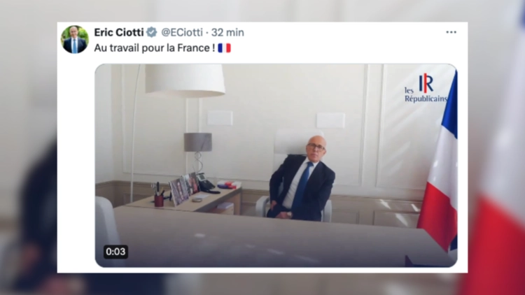 "Au travail pour la France", Éric Ciotti sur Twitter, ce jeudi 13 juin, s'affichant dans son bureau de président des LR alors qu'il fut exclu la veille par le bureau politique.