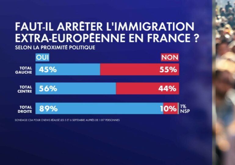 Un sondage exclusif de l’institut CSA pour CNEWS, paru ce jeudi 23 novembre, indique que 66% des Français estiment que l’immigration extra-européenne peut être un danger pour le pays.