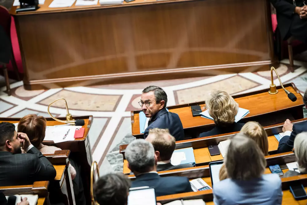 Bruno Retailleau à l’Assemblée nationale durant le discours de politique générale de Michel Barnier, le 1er octobre 2024. JULIEN MUGUET