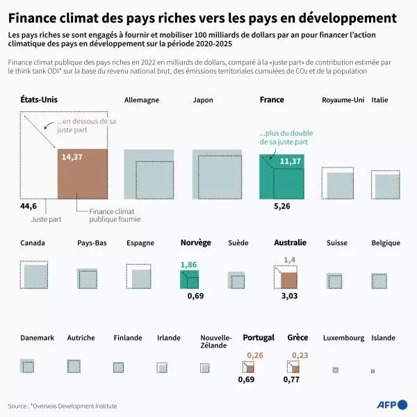 Graphique montrant le financement climatique public fourni par les pays riches en 2022, comparé à la "part juste" de contribution estimée par le think tank ODI sur la base du revenu national brut, des émissions territoriales cumulées de CO2 et de la population © AFP Lise KIENNEMANN, Valentina BRESCHI, Sabrina BLANCHARD