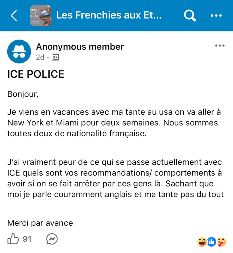 Capture d&rsquo;&eacute;cran sur le groupe Facebook Les Frenchies aux &Eacute;tats-Unis
