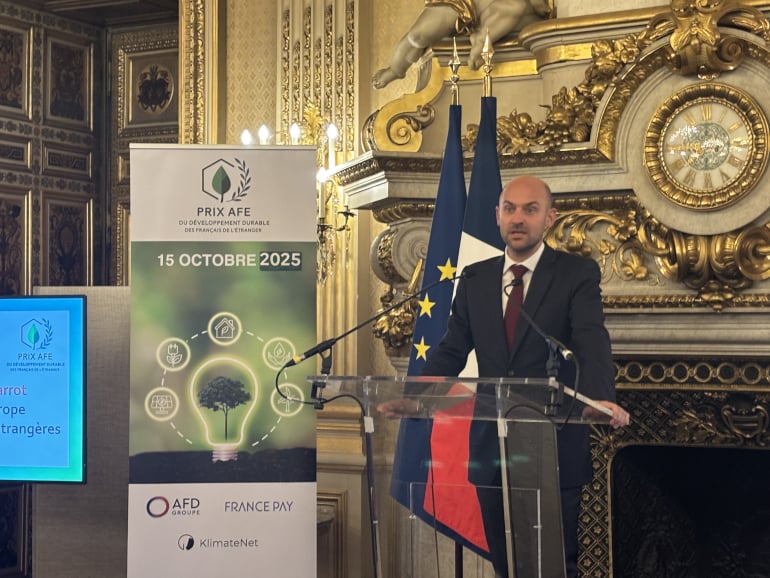 Jean-Noël Barrot, ministre de l'Europe et des Affaires étrangères, lors de la cérémonie des prix du développement durable AFE 2025