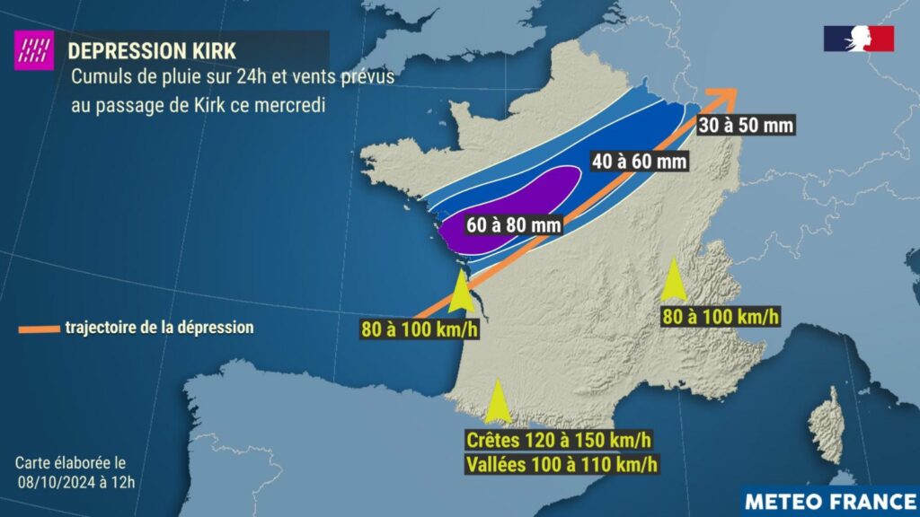 carte des précipitations en France suite à la tempête Kirk