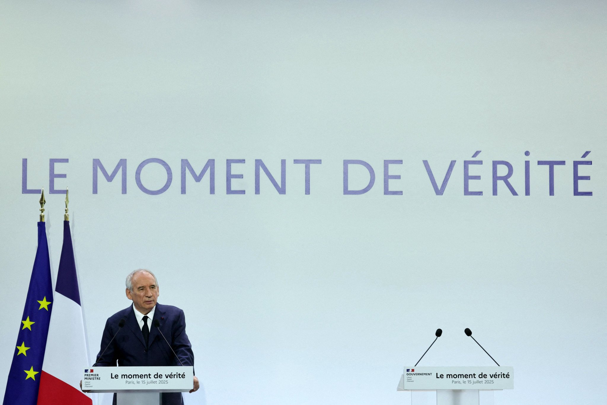 Image de la conférence de presse "Le moment de vérité" de François Bayrou le 15/07/25 ©AFP