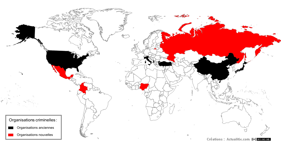 Cette carte présente les endroits dans le monde où la mafia est présente. ©Actualix.com