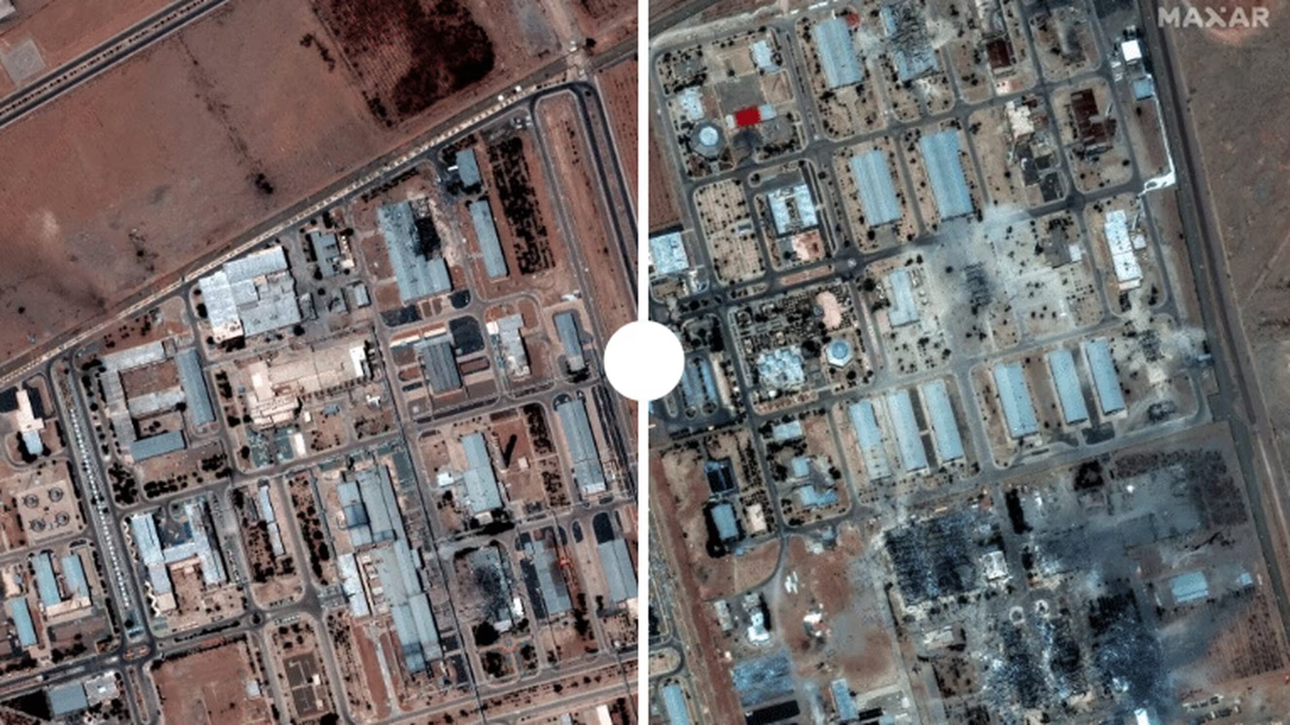 Une vue satellite du site nucléaire d'Ispahan, en Iran, avant et après les bombardements américains, le 16 et le 22 juin 2025. ©SATELLITE IMAGE MAXAR TECHNOLOGIES / AFP
