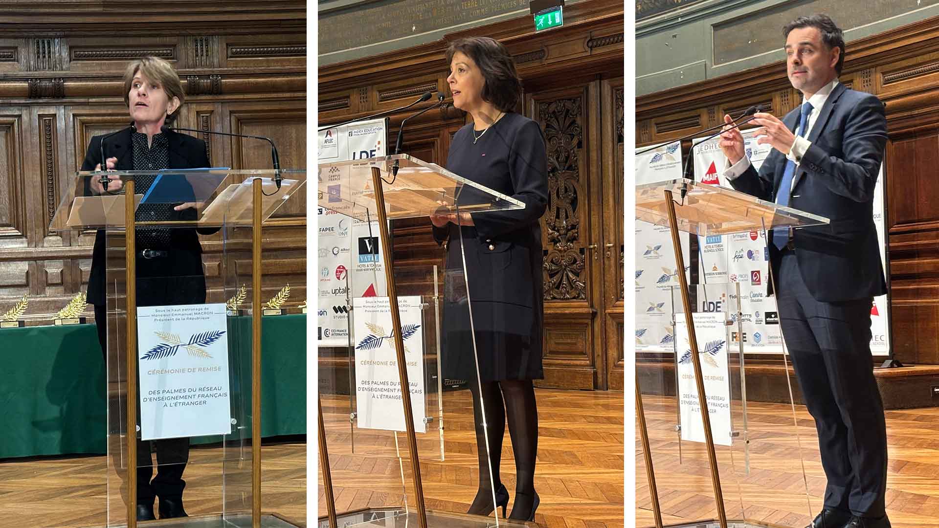 Samantha Cazebonne, sénatrice et organisatrice des Palmes EFE; Claudia Scherer-Effosse, directrice générale de l'AEFE; Laurent Saint-Martin, ministre délégué au Commerce extérieur et aux Français de l'étranger.