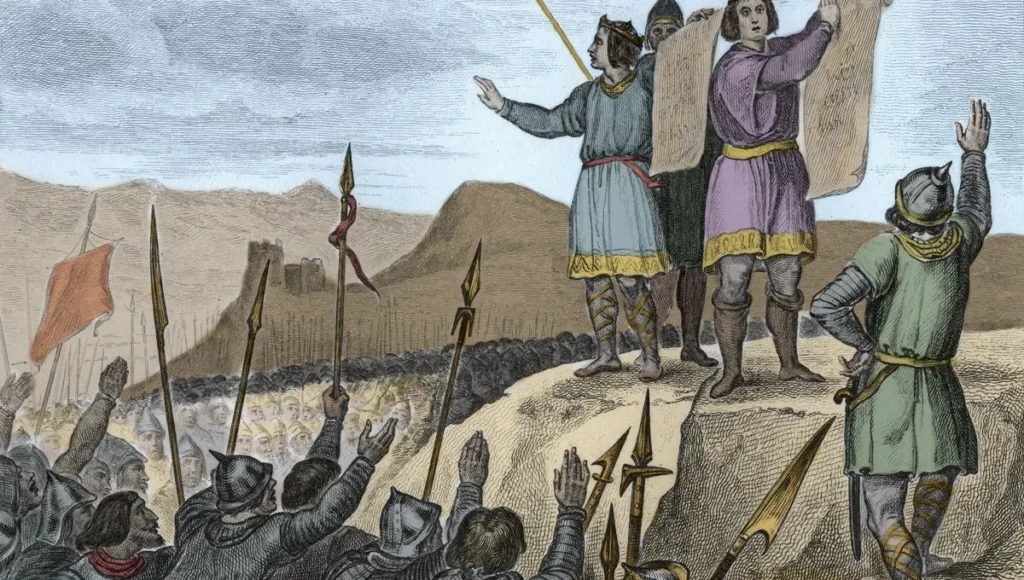 Proclamation des Serments de Strasbourg sign&eacute;s par Charles II, dit Charles le Chauve (823-877), roi de France et empereur d'Occident, et Louis le Germanique.