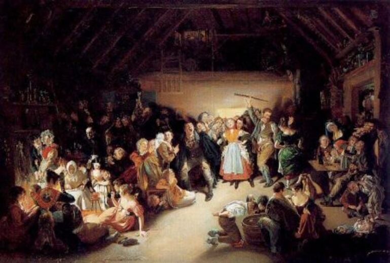 Snap-Apple Night" de Daniel Maclise, 1833. On voit sur cette toile des Irlandais festoyant et s'adonnant à des jeux de divination lors de la fête d'Halloween