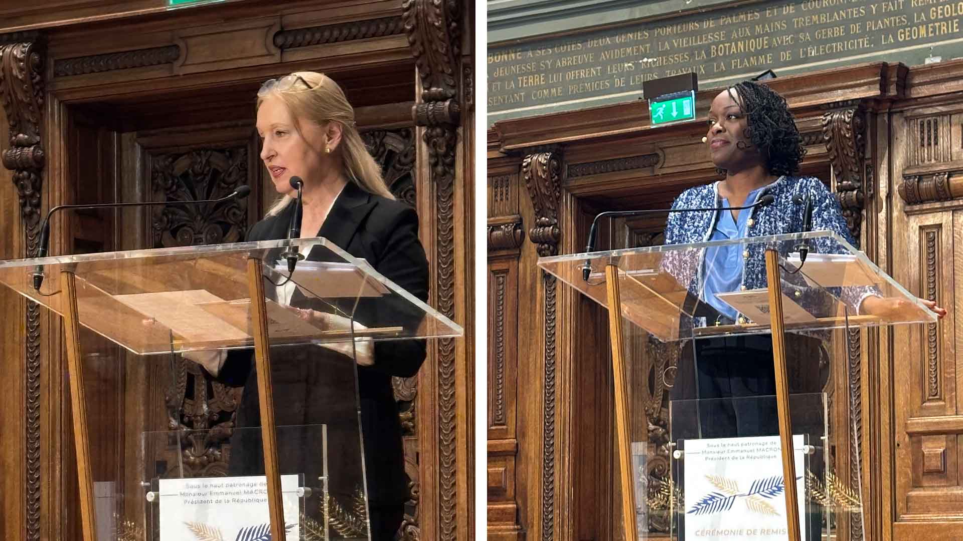 Sophie Tardy, inspectrice générale de l'éducation nationale et membre du jury des palmes de l'EFE; Dominique Tchimbakala, maîtresse de cérémonie des Palmes EFE;